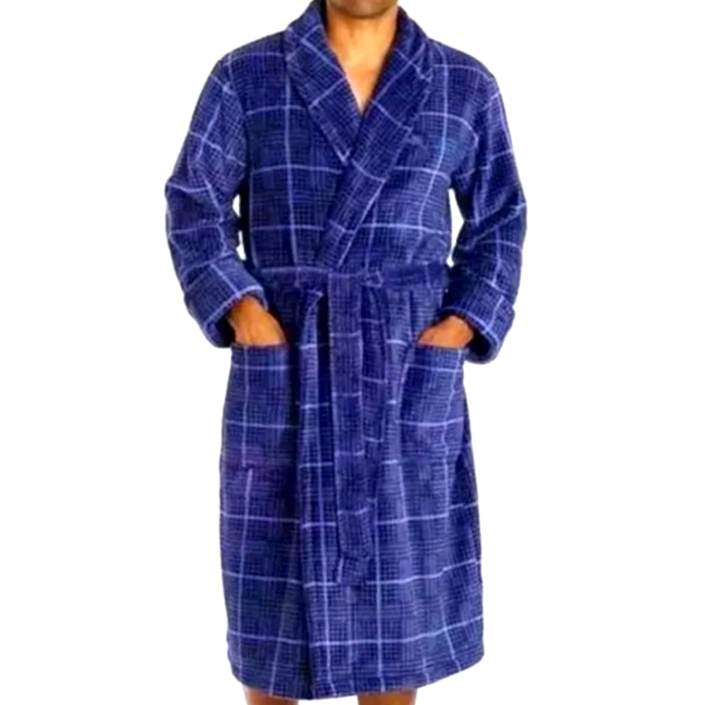 Tommy Bahama Logo Fleece Plush Lounge Bath Robe Lg XL Blue Plaid Belted Pockets